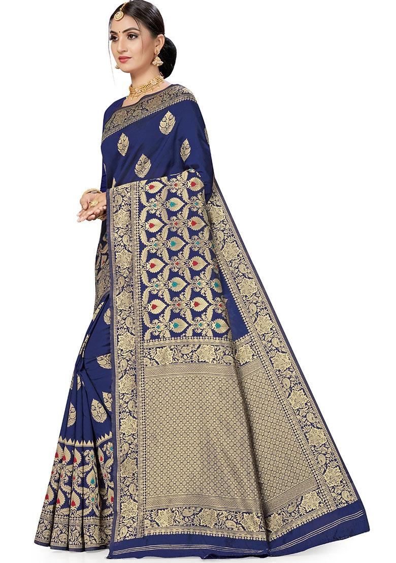 Blue Embroidered Silk Saree Set - Indya