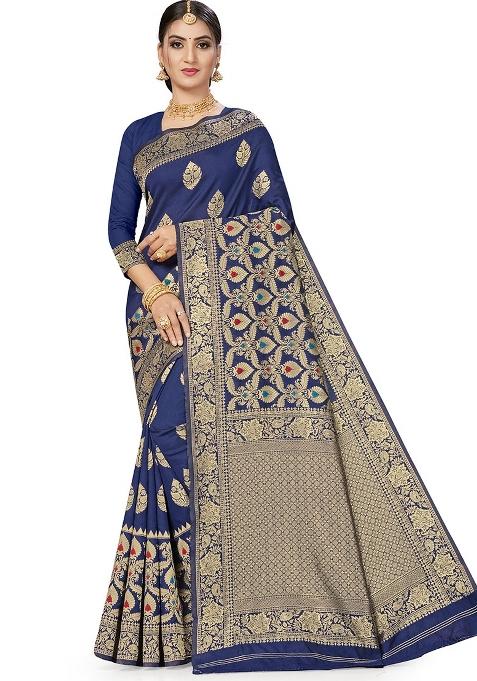 Blue Embroidered Silk Saree Set