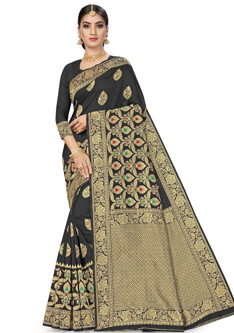 Black Silk Blend Saree Set with Embroidered for Diwali | Wedding & Festive Wear - Indya