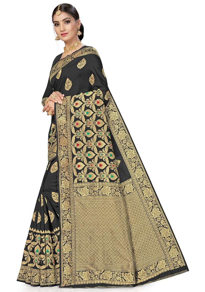 Black Silk Blend Saree Set with Embroidered for Diwali | Wedding & Festive Wear - Indya