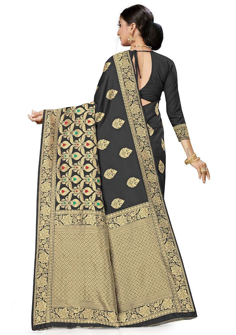 Black Silk Blend Saree Set with Embroidered for Diwali | Wedding & Festive Wear - Indya