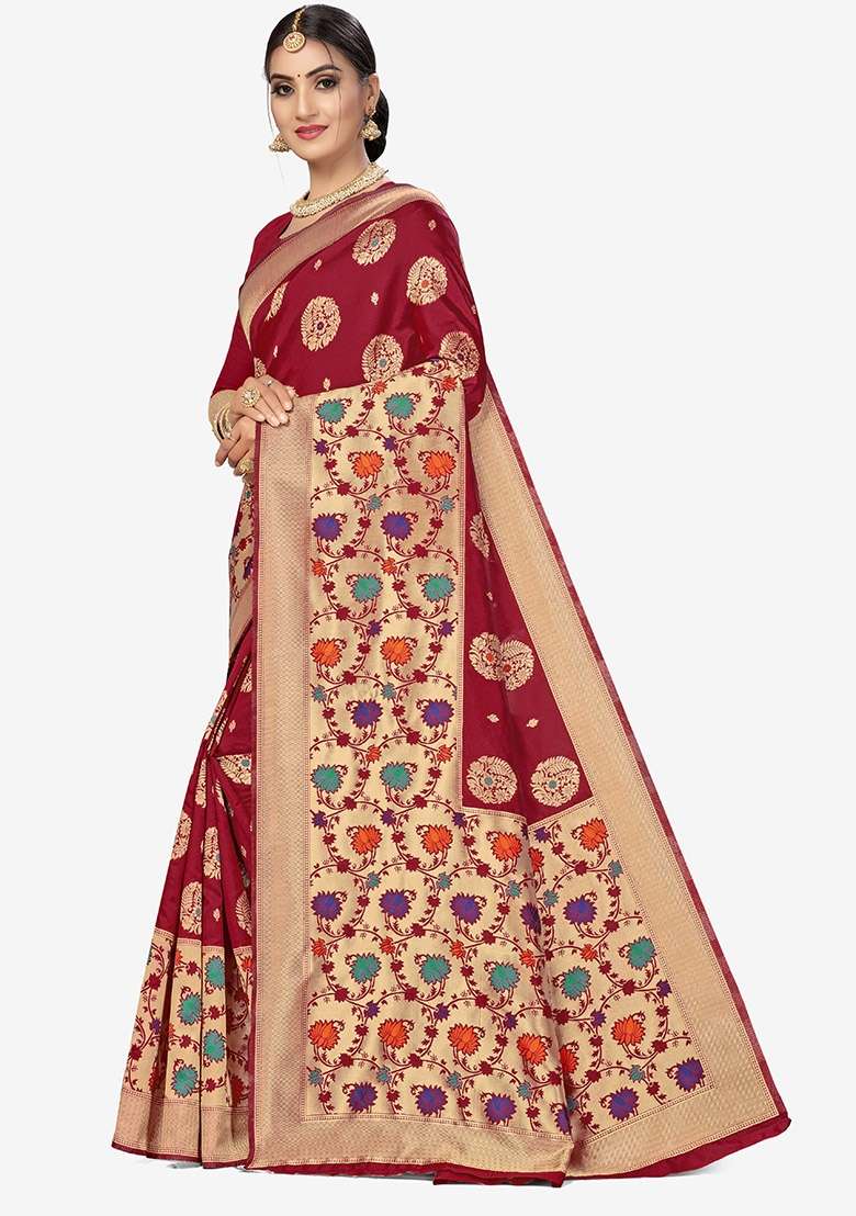 Maroon Silk Blend Saree Set with Embroidered for Diwali | Wedding & Festive Wear - Indya