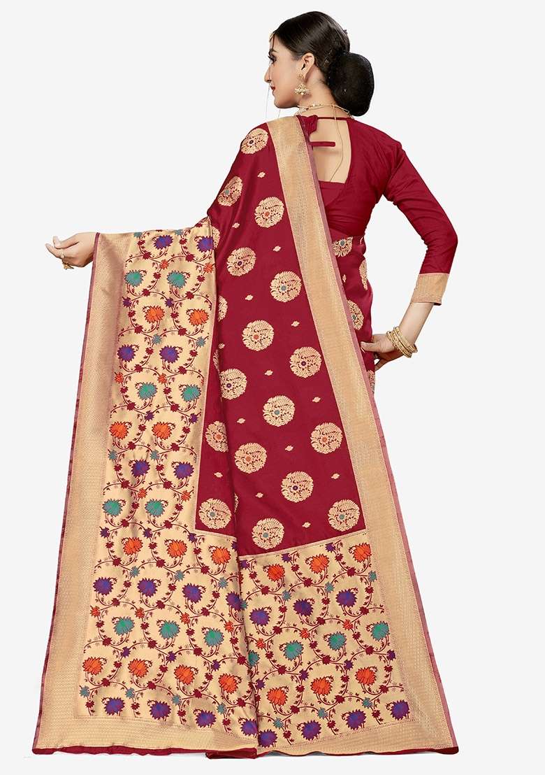 Maroon Silk Blend Saree Set with Embroidered for Diwali | Wedding & Festive Wear - Indya
