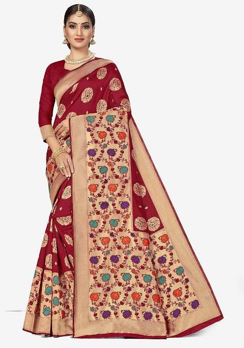 Maroon Embroidered Silk Saree Set