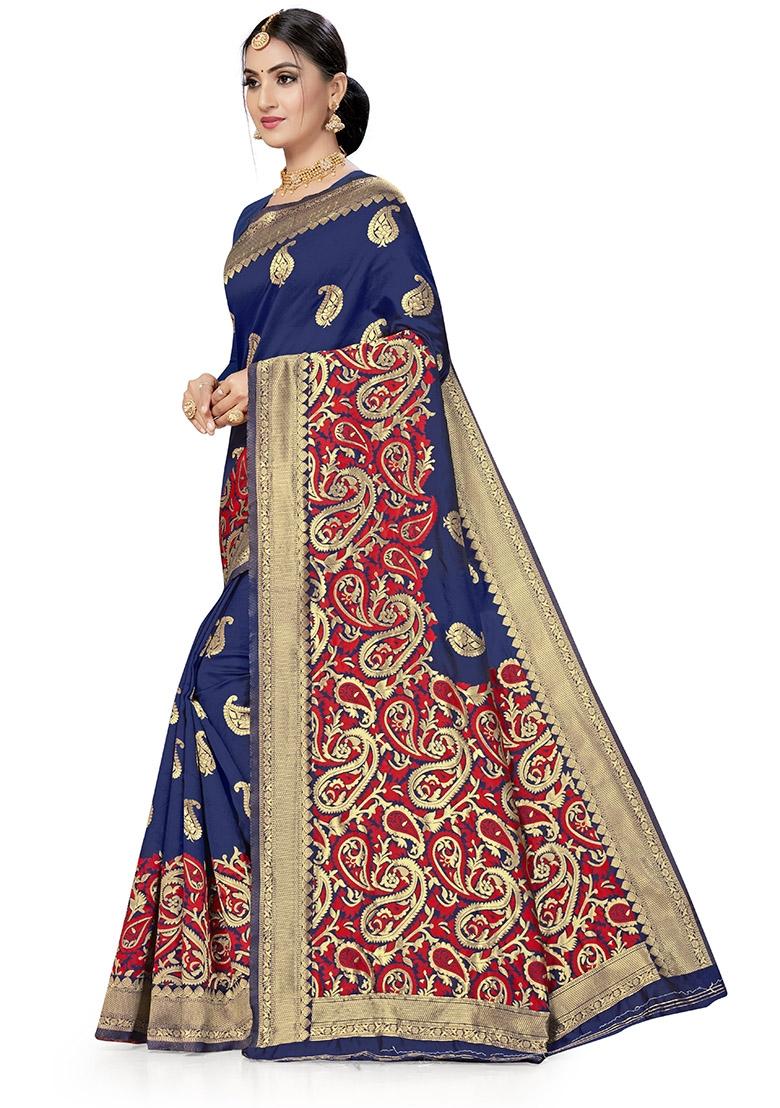 Blue Embroidered Silk Saree Set - Indya