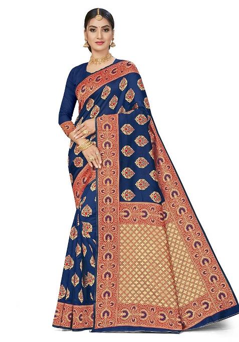 Blue Embroidered Silk Saree Set