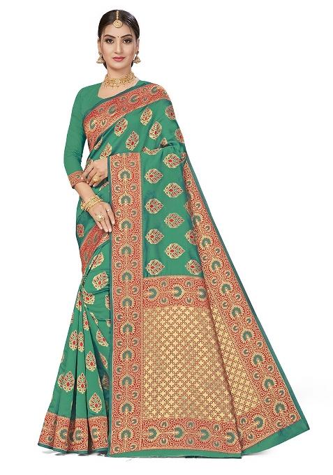 Green Embroidered Silk Saree Set