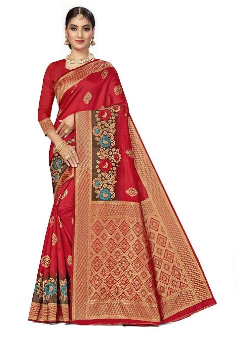 Red Embroidered Silk Saree Set