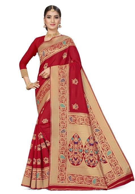 Red Embroidered Silk Saree Set