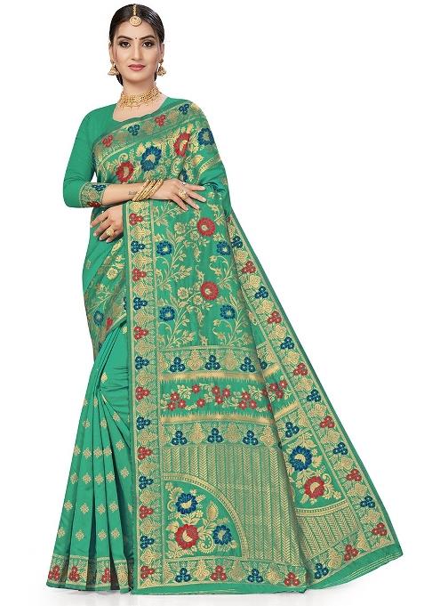 Green Embroidered Silk Saree Set