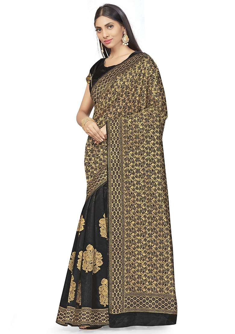 Black Embroidered Silk Blend Saree Set for Diwali and Festive Wear - Indya