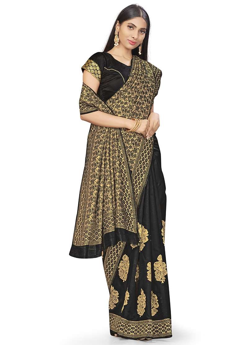 Black Embroidered Silk Blend Saree Set for Diwali and Festive Wear - Indya