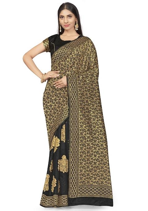 Black Embroidered Silk Saree Set