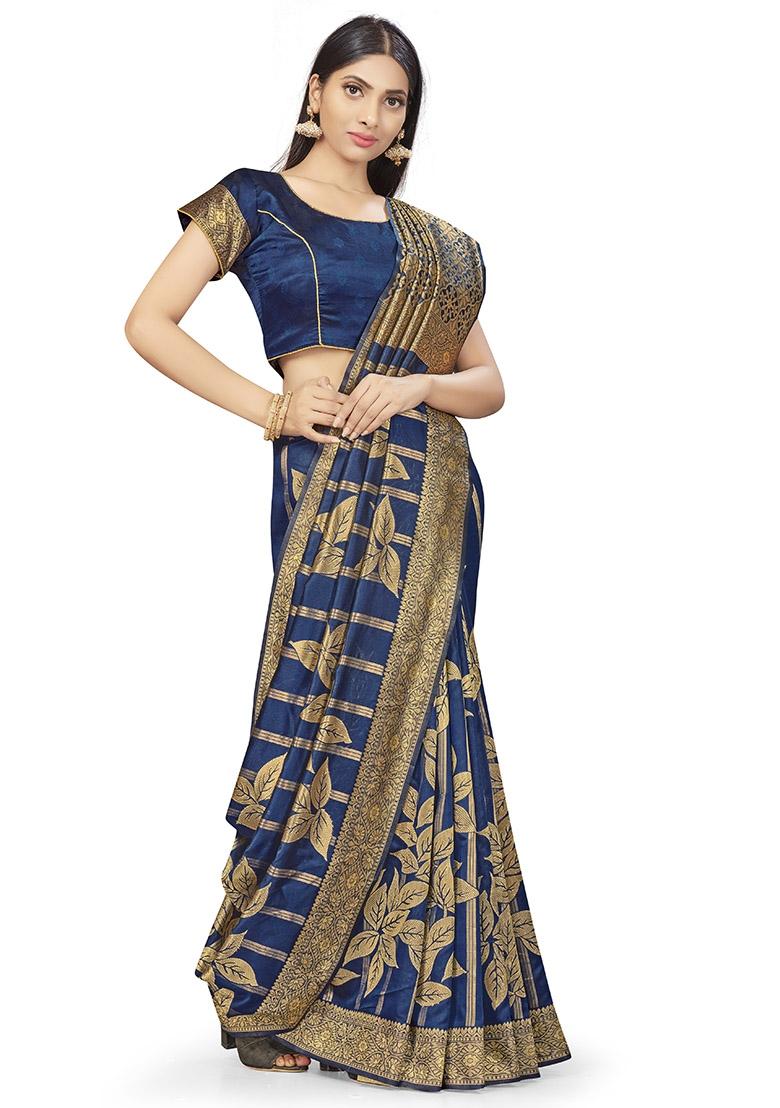 Navy Blue Embroidered Silk Saree Set - Indya