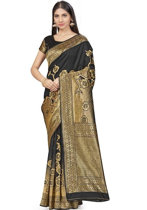 Black Embroidered Silk Saree Set