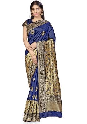 Navy Blue Embroidered Silk Saree Set