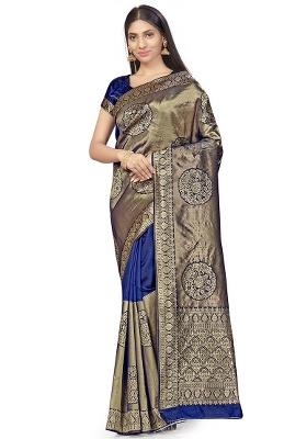 Navy Blue Embroidered Silk Saree Set
