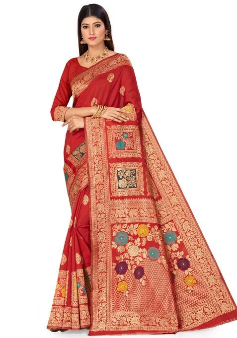 Red Embroidered Silk Saree Set