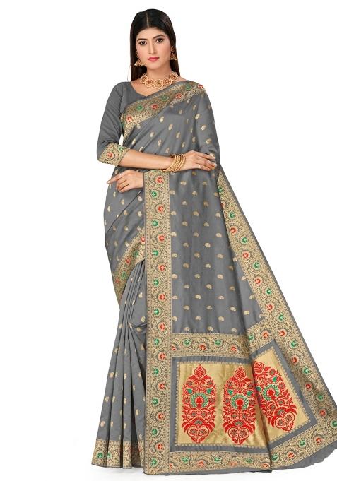 Grey Embroidered Silk Saree Set