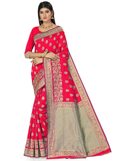 Pink Embroidered Silk Saree Set