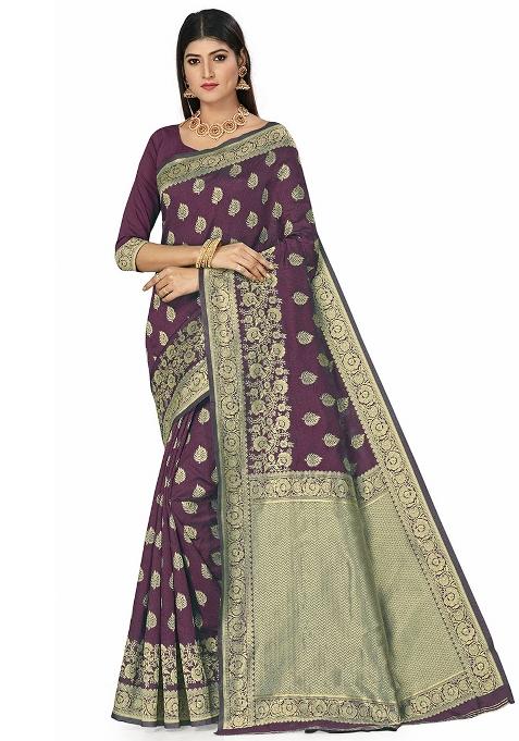 Purple Embroidered Silk Saree Set