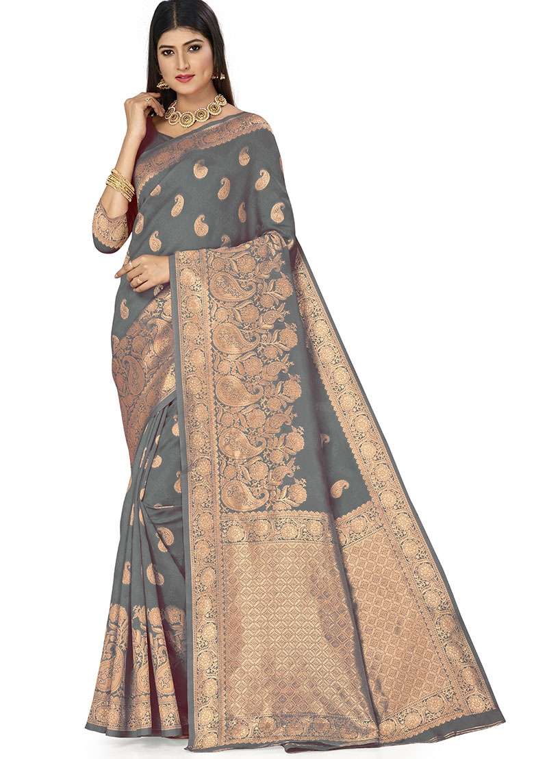 Grey Embroidered Silk Saree Set - Indya