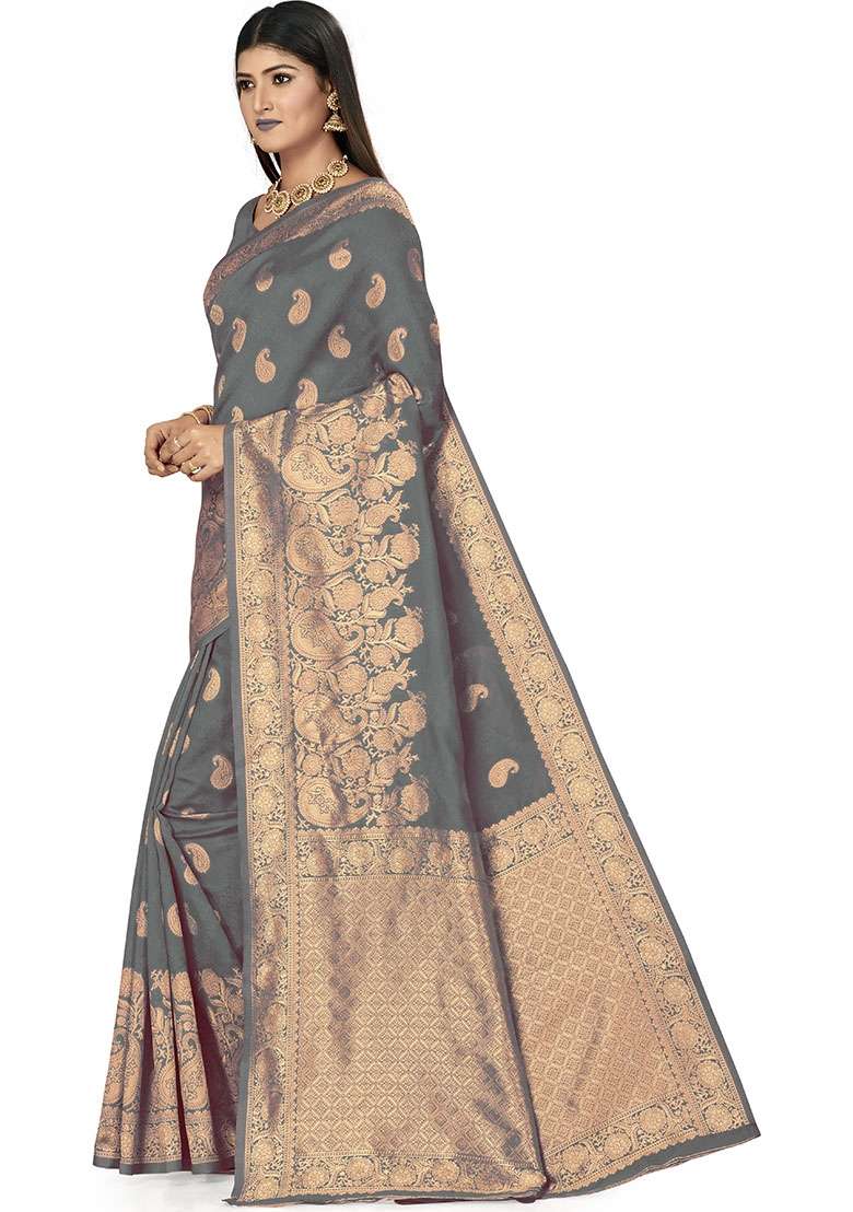 Grey Embroidered Silk Saree Set - Indya