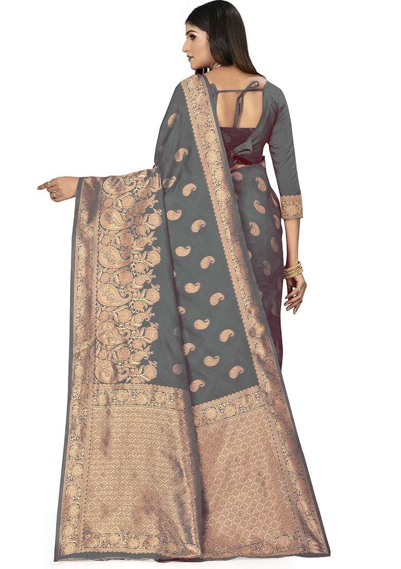Grey Embroidered Silk Saree Set - Indya