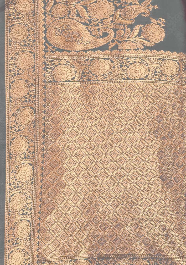 Grey Embroidered Silk Saree Set - Indya
