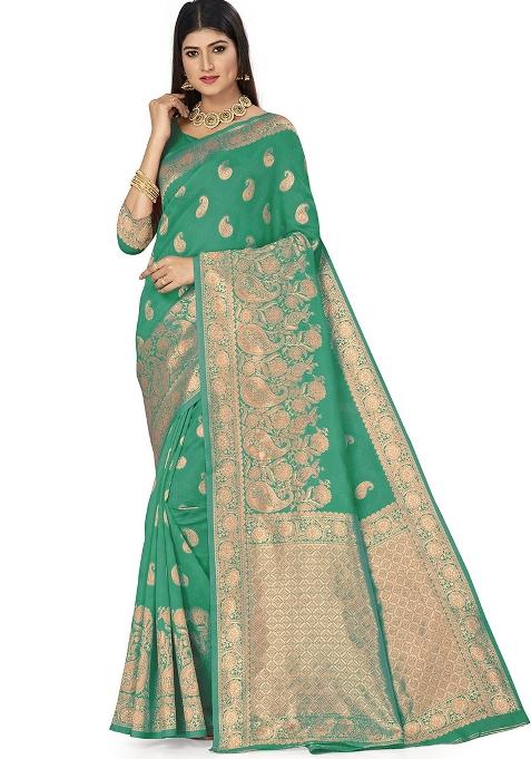 Green Embroidered Silk Saree Set