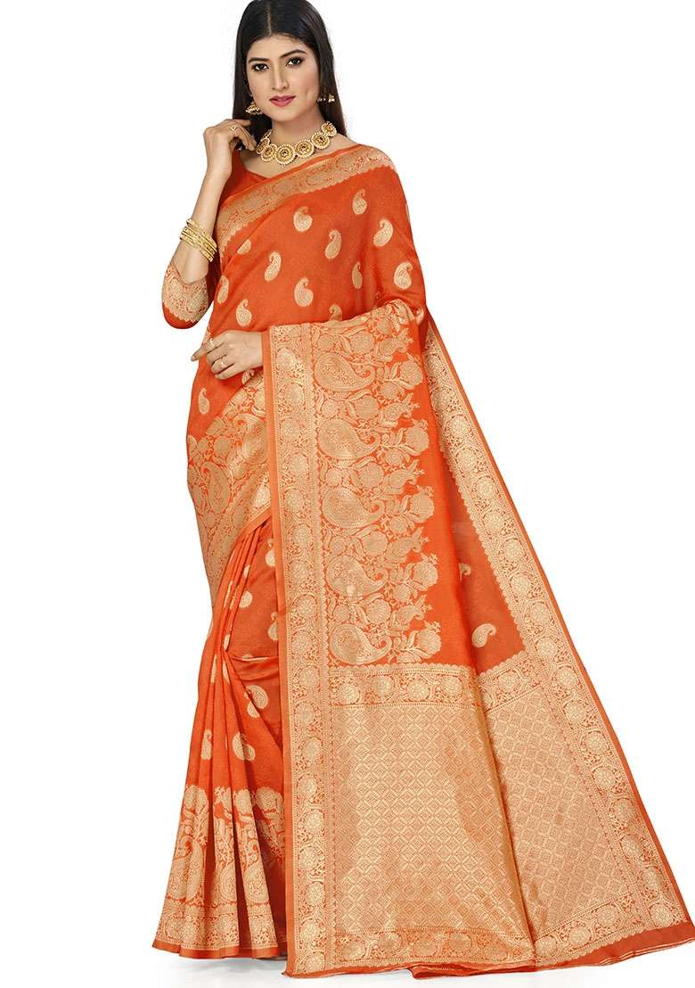 Orange Embroidered Silk Blend Saree Set - Indya