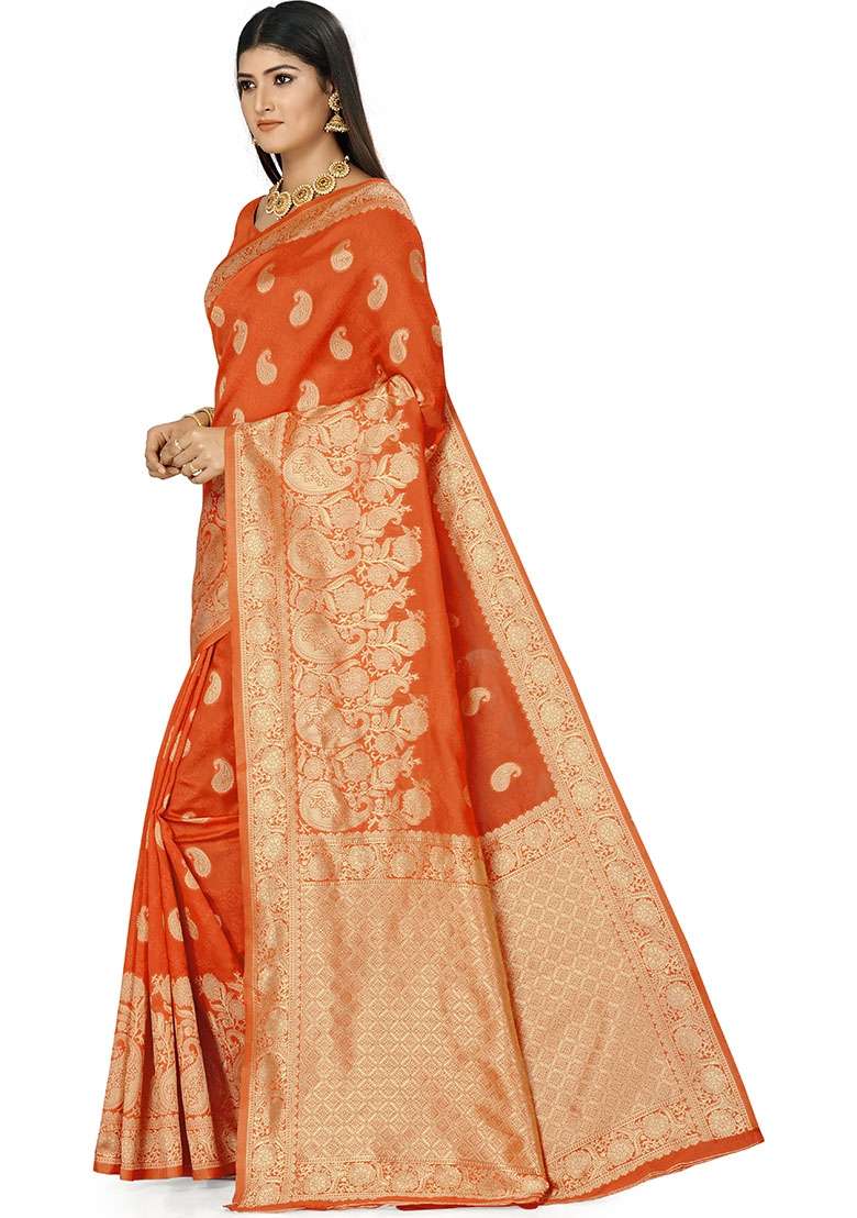 Orange Embroidered Silk Blend Saree Set - Indya