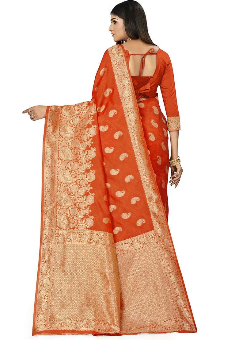 Orange Embroidered Silk Blend Saree Set - Indya