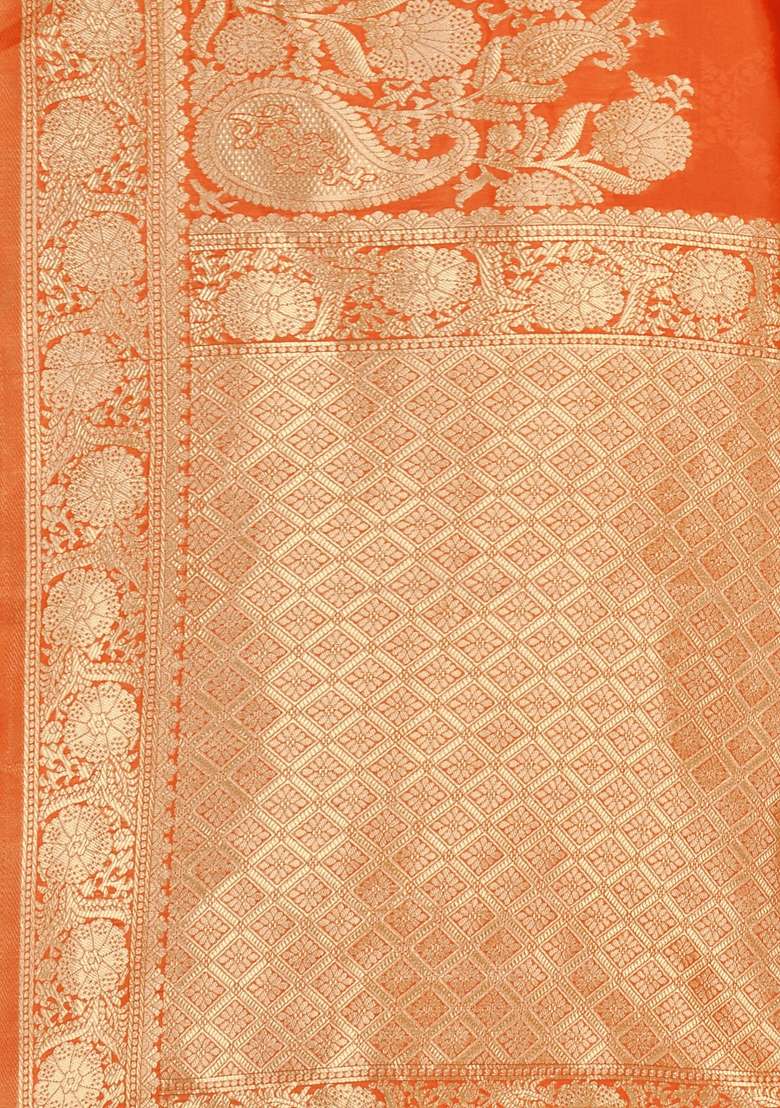 Orange Embroidered Silk Blend Saree Set - Indya