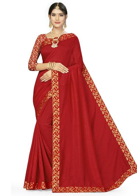 Red Embroidered Vichitra Saree Set