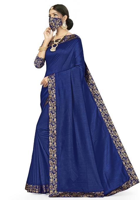 Navy Blue Embroidered Vichitra Saree Set