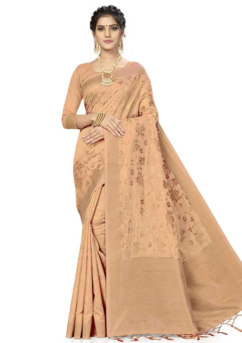 Beige Embroidered Silk Blend Saree Set for Diwali and Festive Wear - Indya