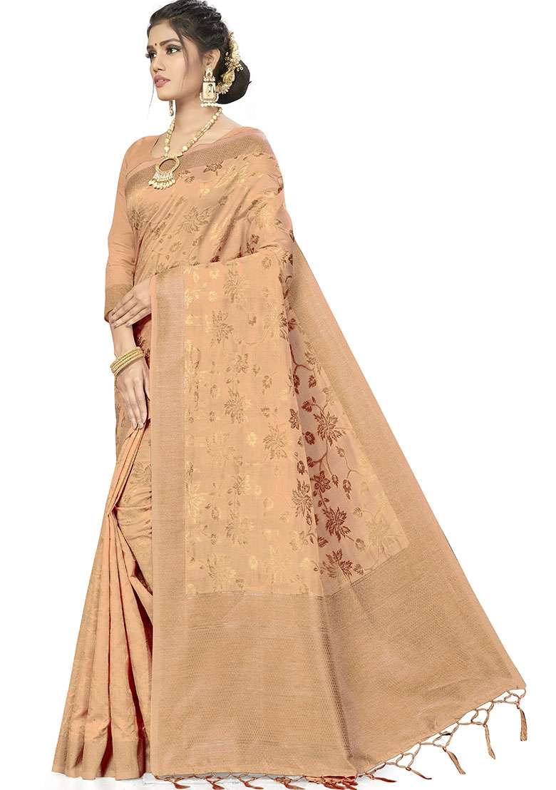 Beige Embroidered Silk Blend Saree Set for Diwali and Festive Wear - Indya