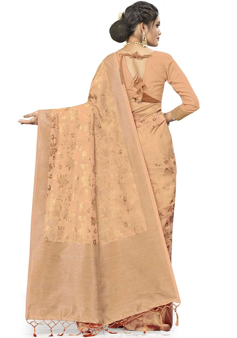 Beige Embroidered Silk Blend Saree Set for Diwali and Festive Wear - Indya