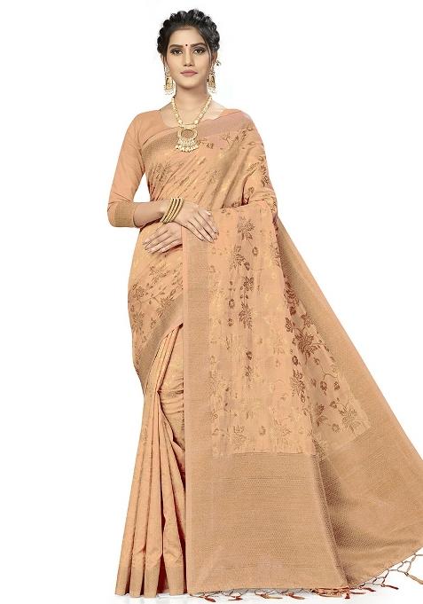 Beige Embroidered Silk Saree Set