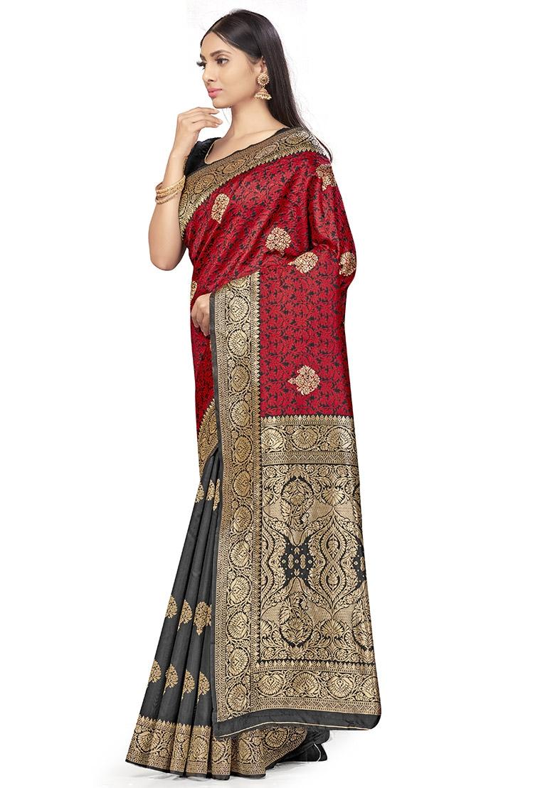 Black Embroidered Silk Saree Set - Indya