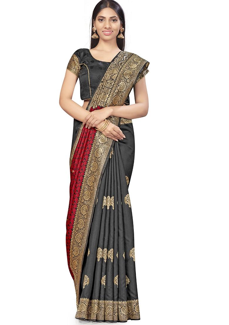 Black Embroidered Silk Saree Set - Indya