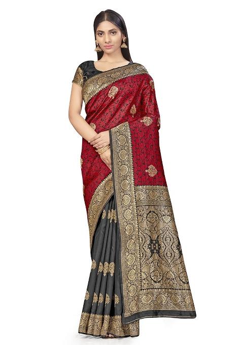 Black Embroidered Silk Saree Set