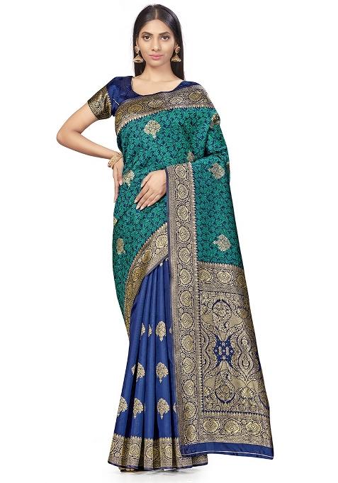 Navy Blue Rama Embroidered Silk Saree Set