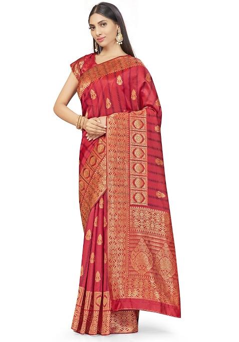 Peach Embroidered Silk Saree Set
