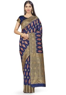 Navy Blue Embroidered Silk Saree Set
