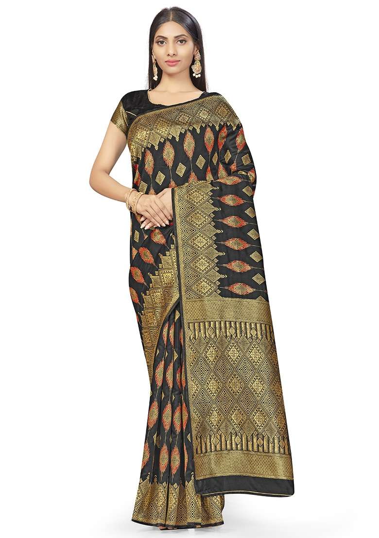 Black Silk Blend Saree Set with Embroidered for Diwali | Wedding & Festive Wear - Indya