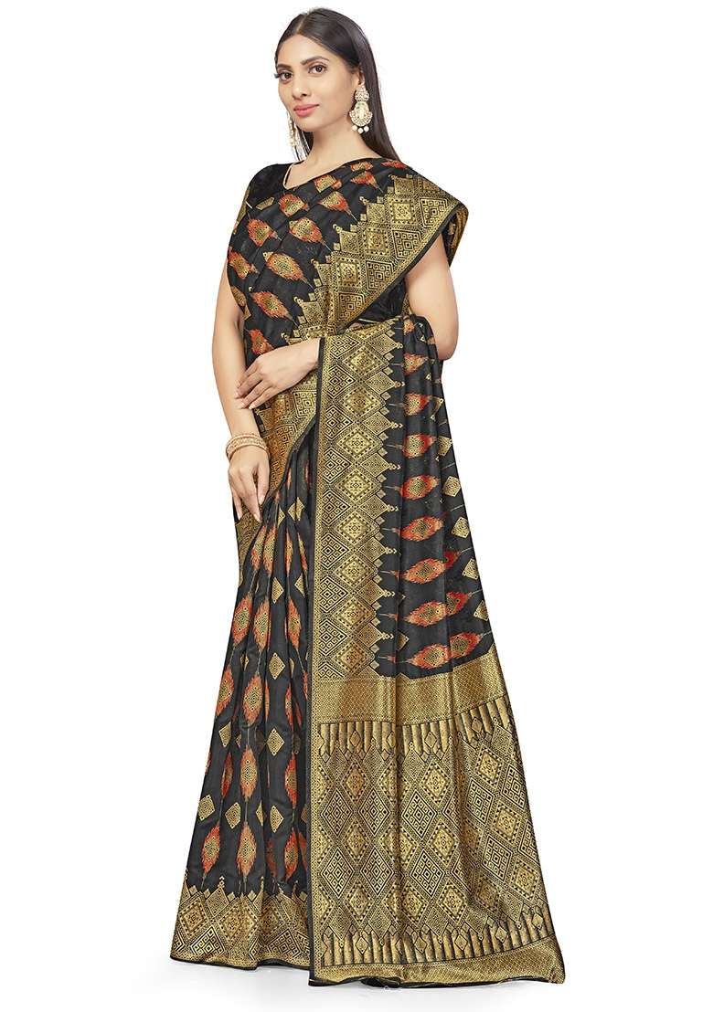 Black Silk Blend Saree Set with Embroidered for Diwali | Wedding & Festive Wear - Indya