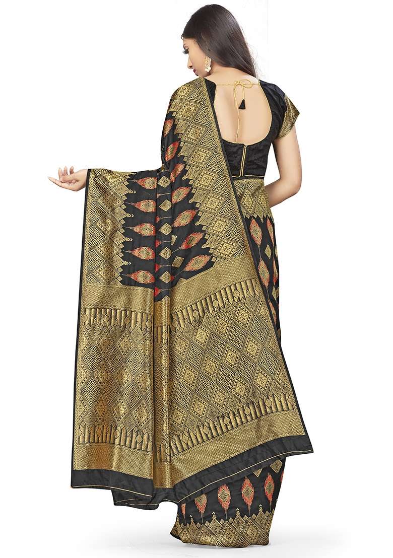 Black Silk Blend Saree Set with Embroidered for Diwali | Wedding & Festive Wear - Indya