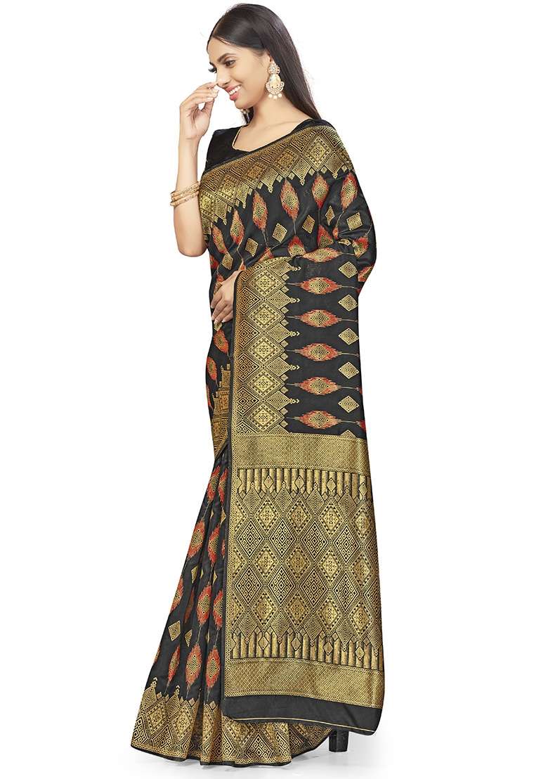 Black Silk Blend Saree Set with Embroidered for Diwali | Wedding & Festive Wear - Indya